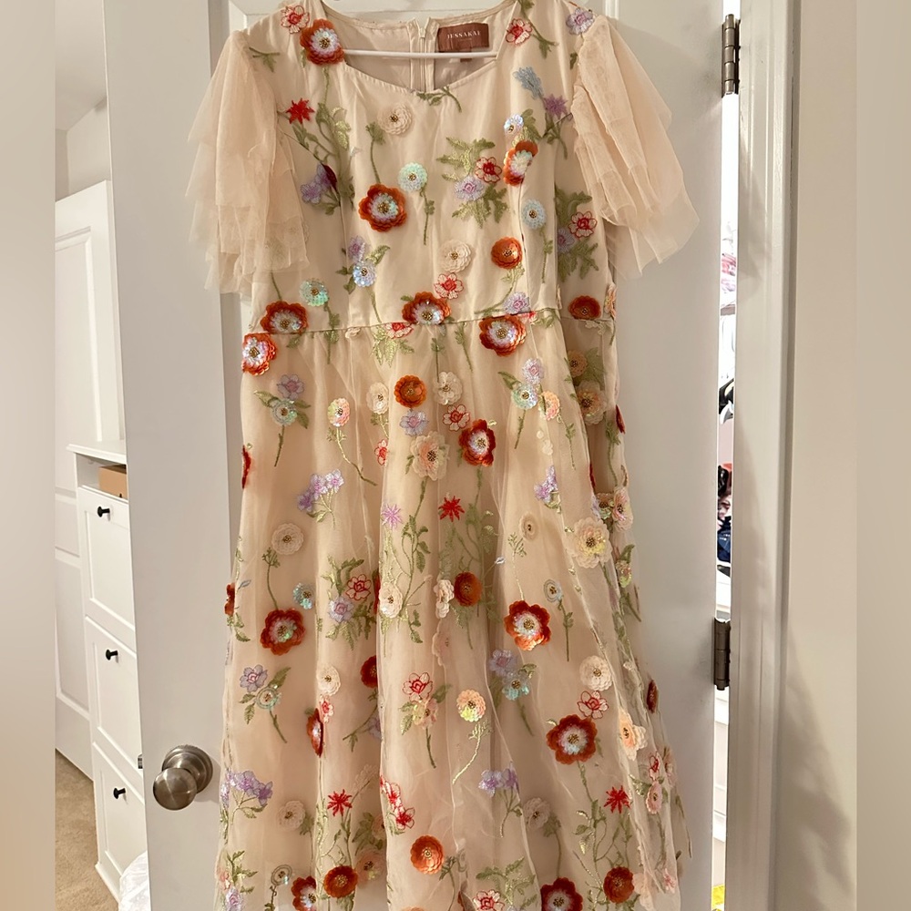 JessaKae Cream Floral Embroidered Midi Dress